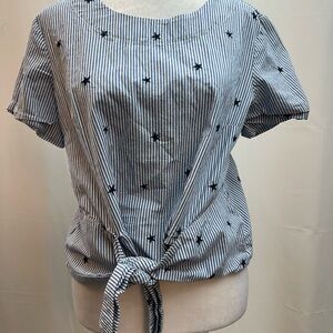Aqua Blue & White Striped Tie-Front Star Embroidered Top S